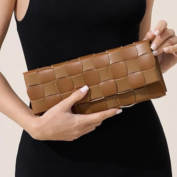 Neiman Marcus Chunli Caramel Brown Woven Evening Bag - Picture 1 of 5